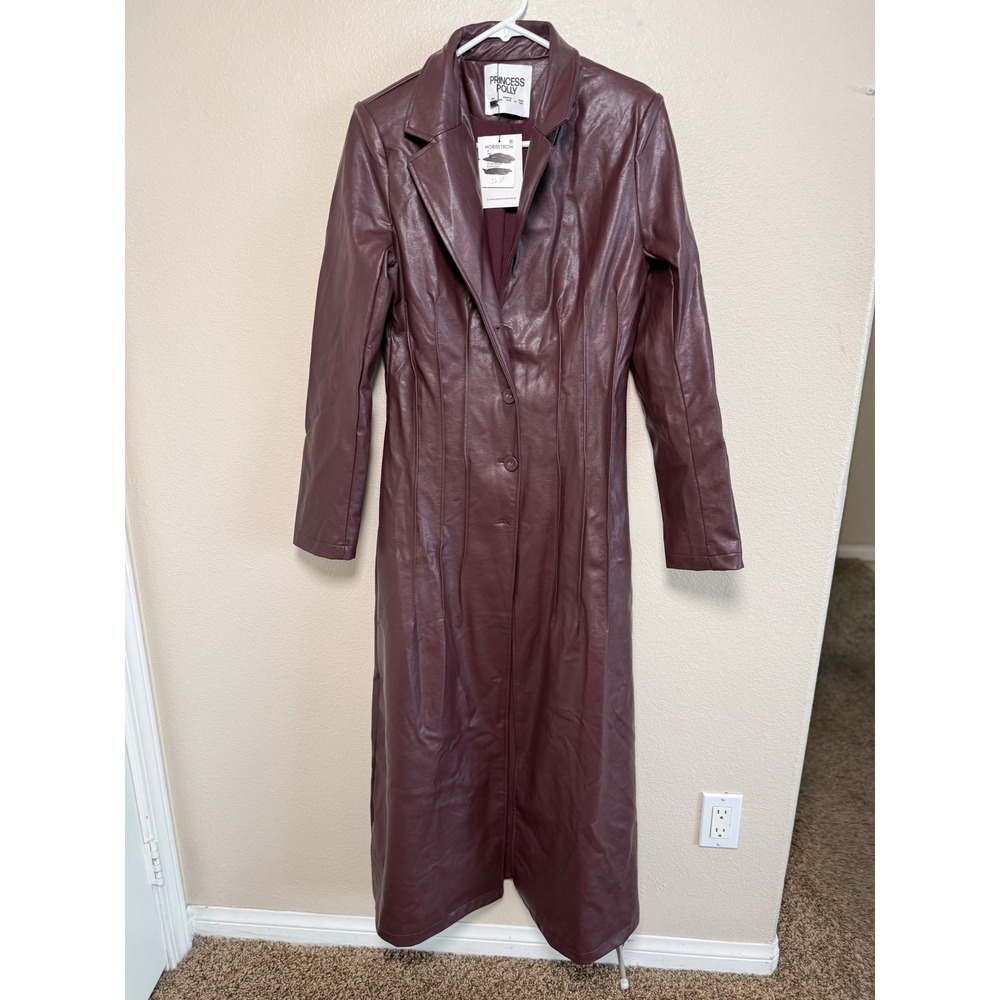 Princess Polly Burgundy Faux Leather Maxi Trench Coat Longline Vegan Leather 8